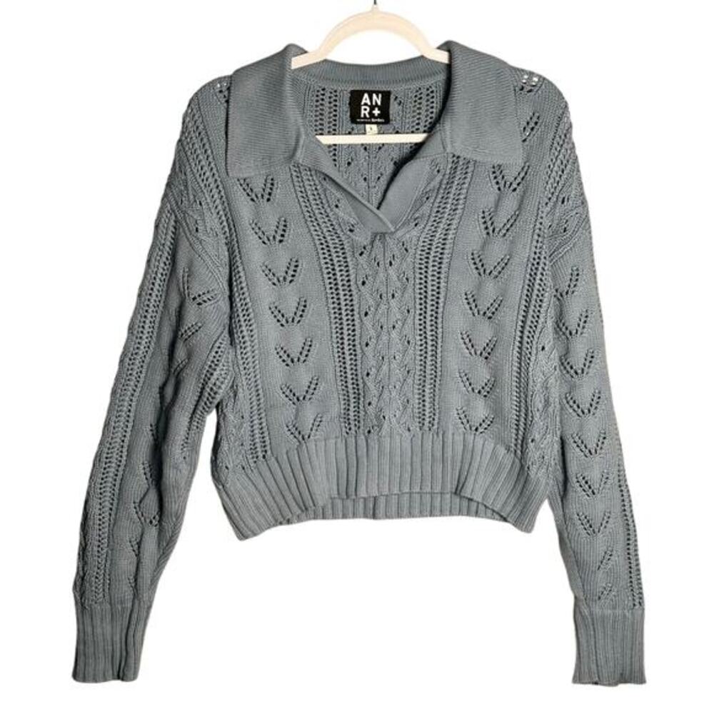 Alp-n-Rock Karin‎ Polo Sweater Sz L Light Blue Pointelle Cotton Collared Cropped